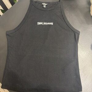 True Religion Black Ribbed Halter with Rhinestone Logo